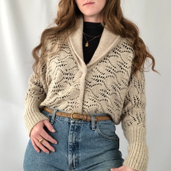 Free People Oversized Wool Open Crochet Cable Knit Cropped Cardigan Sweater Boho - Picture 6 of 9